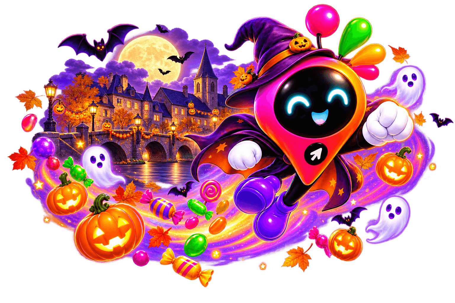 K en sorcier Halloween survole La Charité avec des bonbons et des citrouilles
